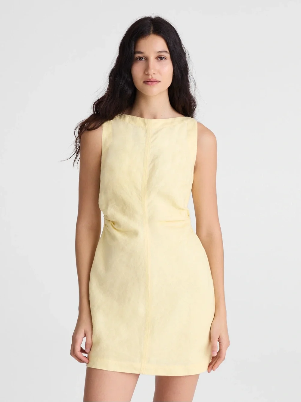 NWT MADEWELL Boatneck Shirred Mini Dress 100% Linen Candlelight 8 Butter Yellow - Picture 1 of 15